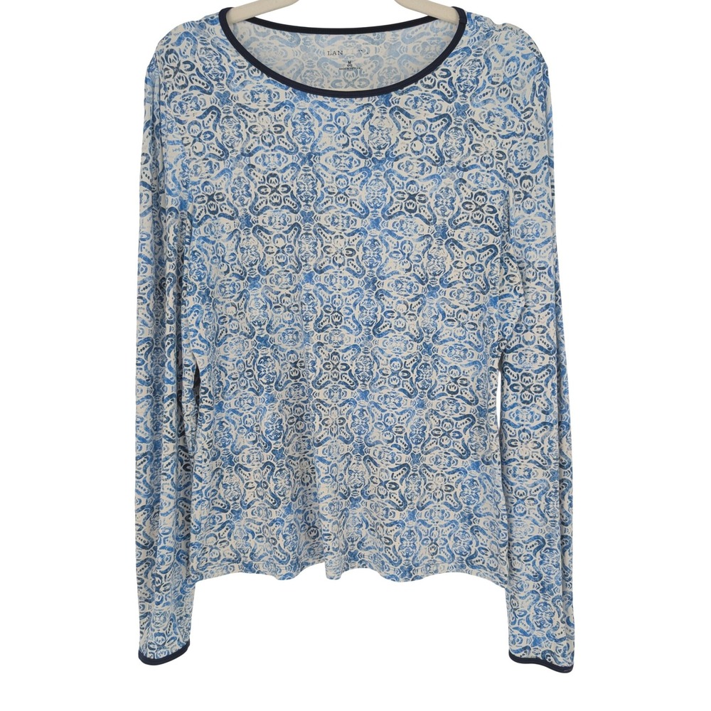 Lands End Rash Guard Swim Top Women M Blue Medallion Long Sleeve Stretch UPF